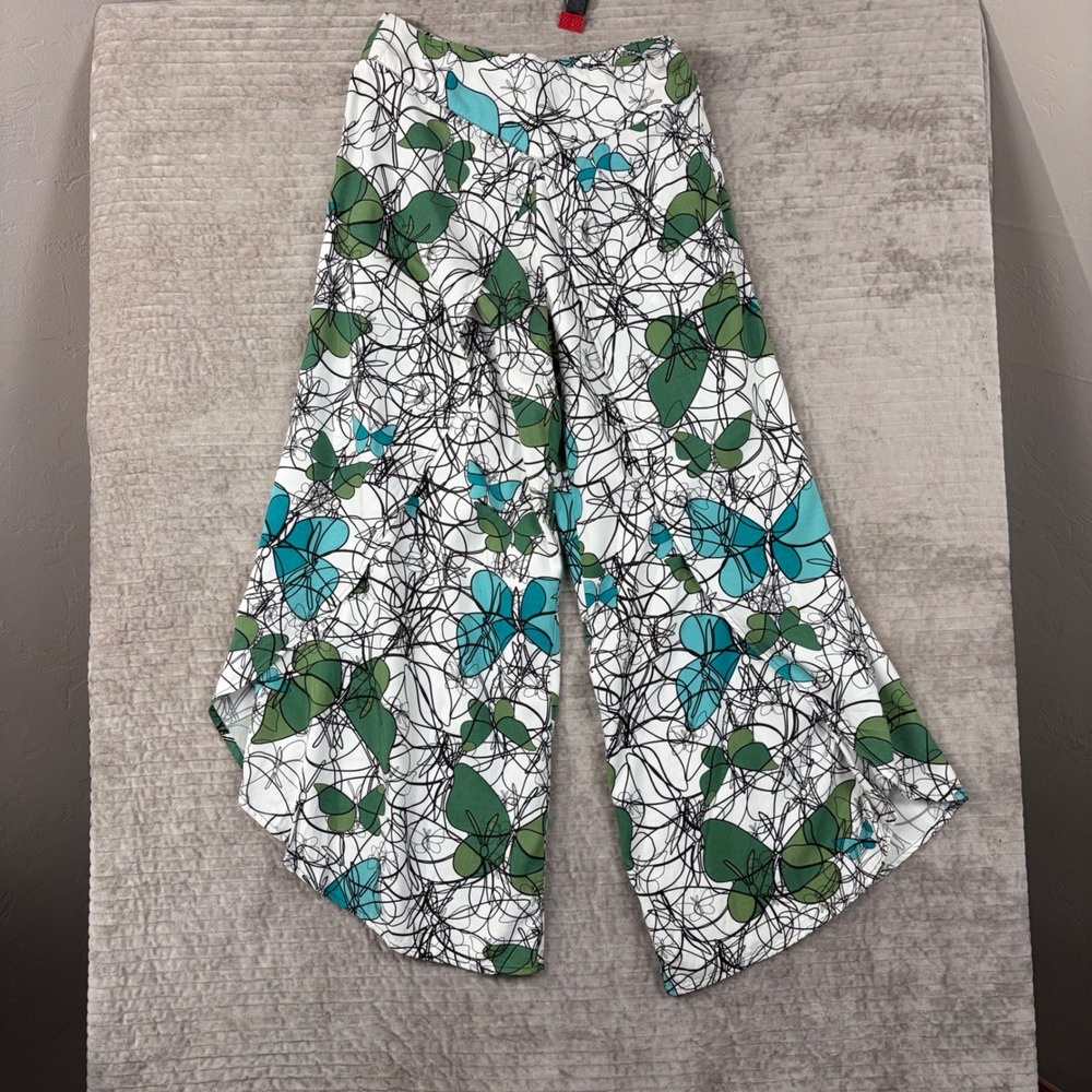 Totem Butterfly Print Wide Leg Pants Green Teal Viscose Tulip Hem Size 1 Small